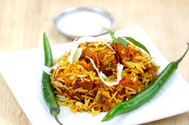 Indian dish chicken biryani made with spices and rice